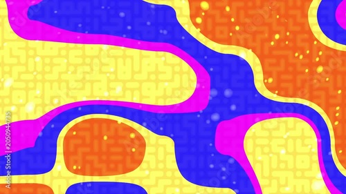 Colorful psychedelic abstract background with wavy fluid shapes and retro patterns.