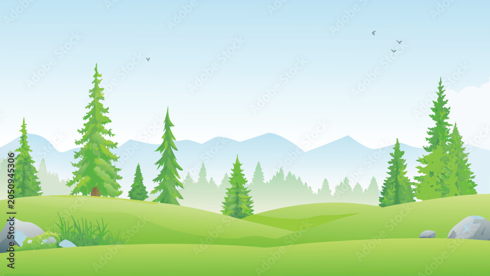 Fototapeta premium Forest landscape illustration with rolling hills and distant mountains