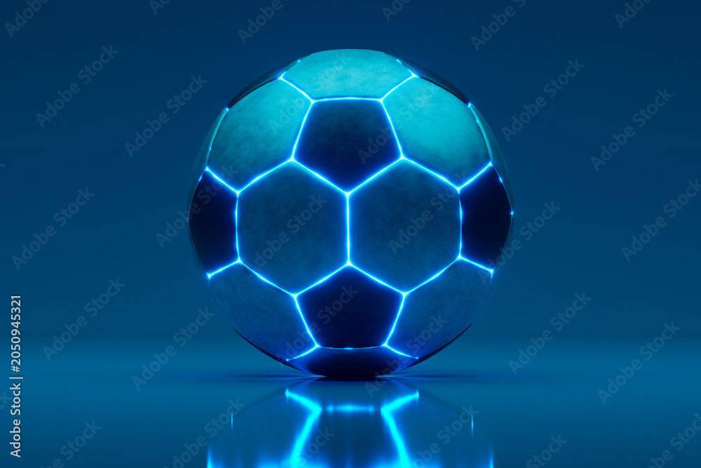 Naklejka premium 3d render futuristic soccer ball glowing with blue neon light