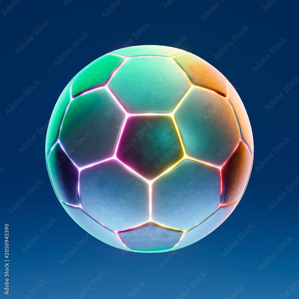 Naklejka premium 3d render Futuristic glowing soccer ball digital art floating on blue