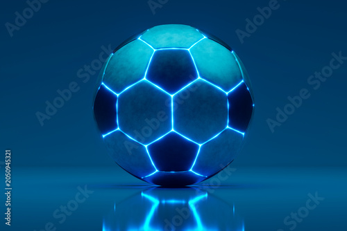 3d render futuristic soccer ball glowing with blue neon light