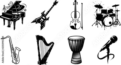 Bild auf Leinwand Artistic musical instruments vector icon set featuring grand piano electric guitar violin drum kit saxophone harp djembe and microphone