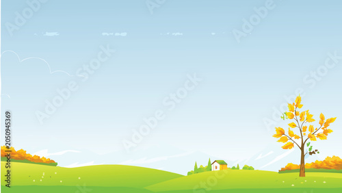 Принти на полотні Rolling green hills with autumn tree and small village scene