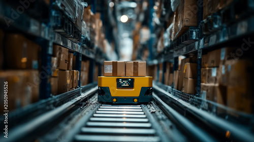 Smart Aisle Perspective: View of an autonomous pallet stacker moving through organized warehouse shelving with industrial depth.