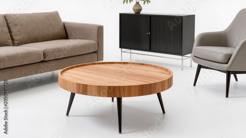 Scandinavian Furniture Element. Round oak coffee table with wooden legs, isolated cutout for interior visualization.