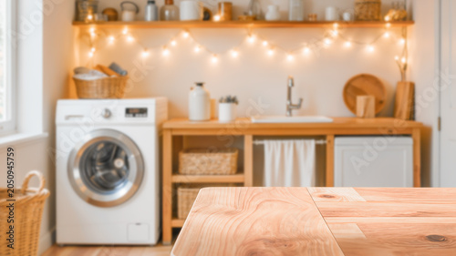 Domestic Housework Concept. Wooden surface in the foreground with a soft-focus view of organized shelves and washing area.