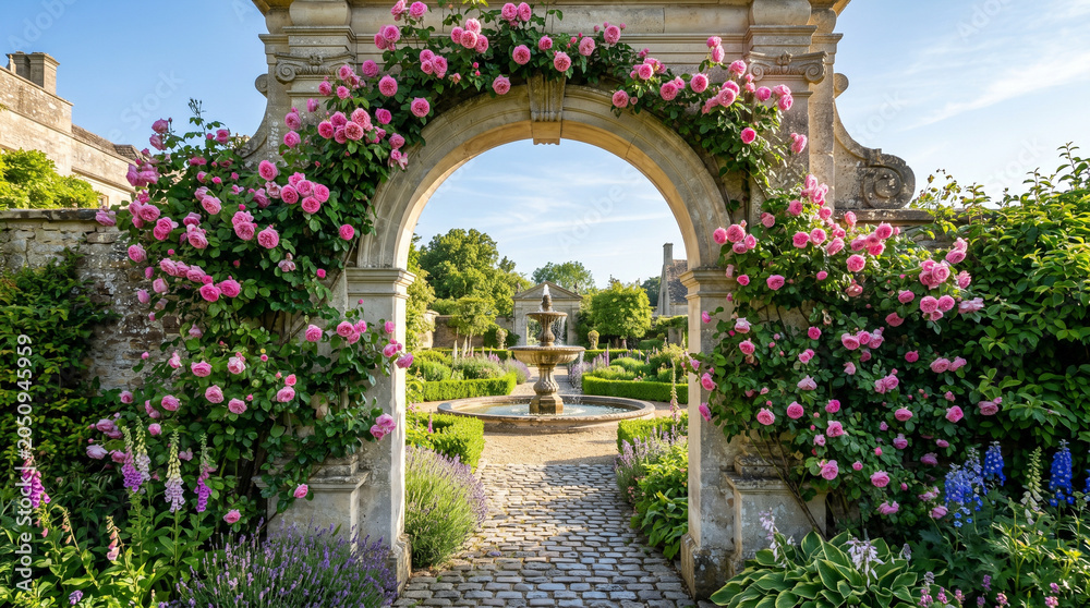 Fototapeta premium Pink climbing roses blooming on a stone archway in a formal garden