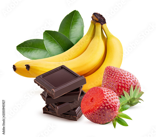 Dark chocolate and strawberry and brunch bananas with green leaf