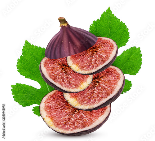 Fresh figs fruit slice with green leaf flying in the air