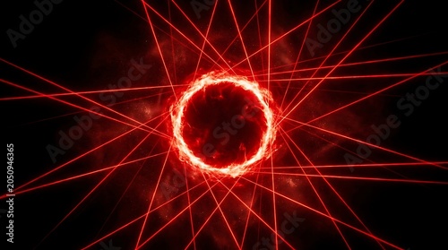 Glowing Red Laser Halo with Radiating Beams in Dark Space Abstract Background