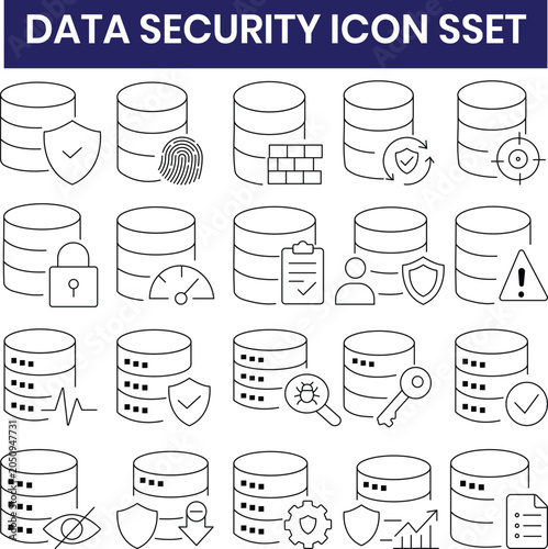 Data Security Icon Set Vector with Database, Shield, Lock, and Protection Symbols for Technology Design