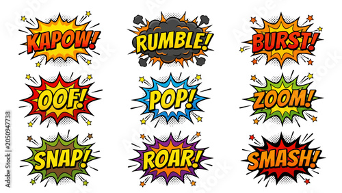 Collection of colorful comic book style speech bubbles featuring vibrant sound effects for dynamic graphic design and creative artistic projects