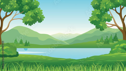 Фотография Scenic Landscape With Trees Mountains And Lake Vector Illustration