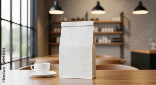 White paper bag placed on wooden table beside a cup of coffee in a modern cafe with shelves and ambient lighting in the background