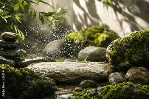 Aesthetic podium for cosmetic products: natural flat stones, green moss, water splashes, soft sun shadows, eco-friendly organic concept, photorealistic look