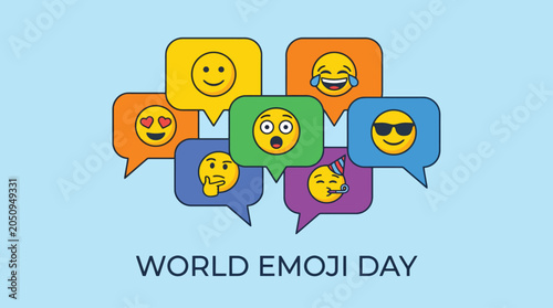Joyful emojis expressing emotions and ideas in colorful speech bubbles