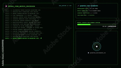 Futuristic Quantum Computer Neural Network Interface Screen.