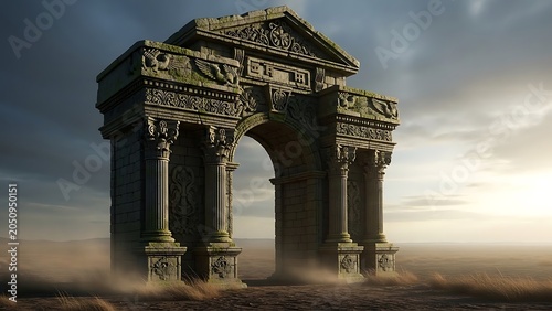Ancient Greek temple ruins at twilight with dramatic lighting.