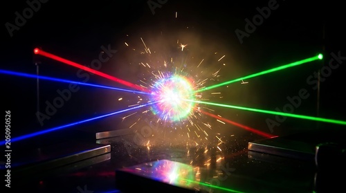 Colorful Laser Beams Intersecting with Fireworks Explosion in Dark Night Sky