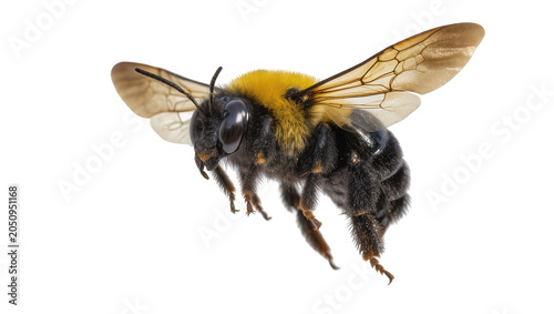 Tableau sur toile Fuzzy bumblebee with yellow thorax and black abdomen in flight