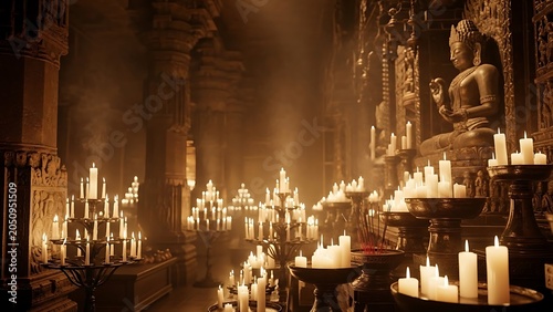 Ancient temple interior with golden statues and candles.