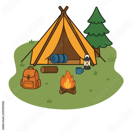 Cozy camping outdoor scene featuring a tent, campfire, backpack, and forest elements for adventure themed projects.