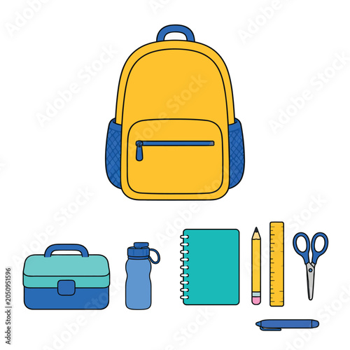 Back to School Supplies Set with Backpack Illustration