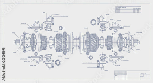 Foto Detailed Engineering Blueprint of Mechanical Components Assembly.