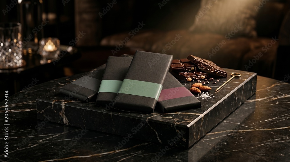 Fototapeta premium Stack of Premium Wrapped Chocolate Bars with Opened Gold Foil and Almonds