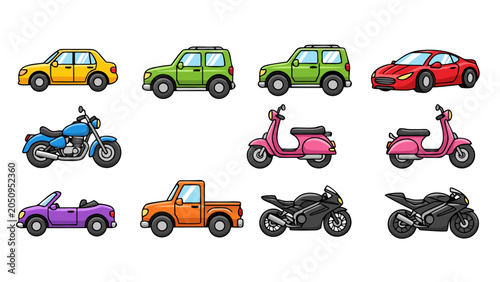 Collection of colorful cartoon vehicles including cars, motorcycles, and scooters