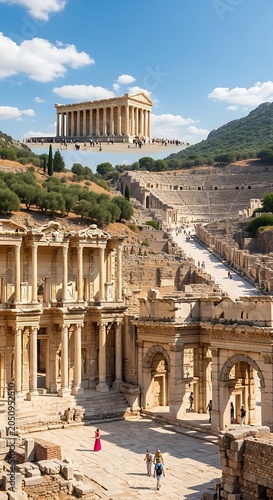 Ancient Greek temple ruins on sunny hillside.