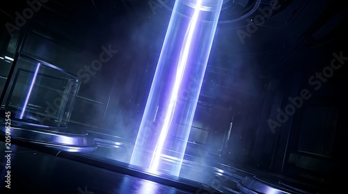 Radiant Vertical Laser Beam in Dark Industrial Setting with Fog Effect