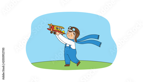 A cheerful young boy dressed in vintage pilot aviator gear plays with a small wooden toy airplane in a vibrant outdoor field under a clear sky.
