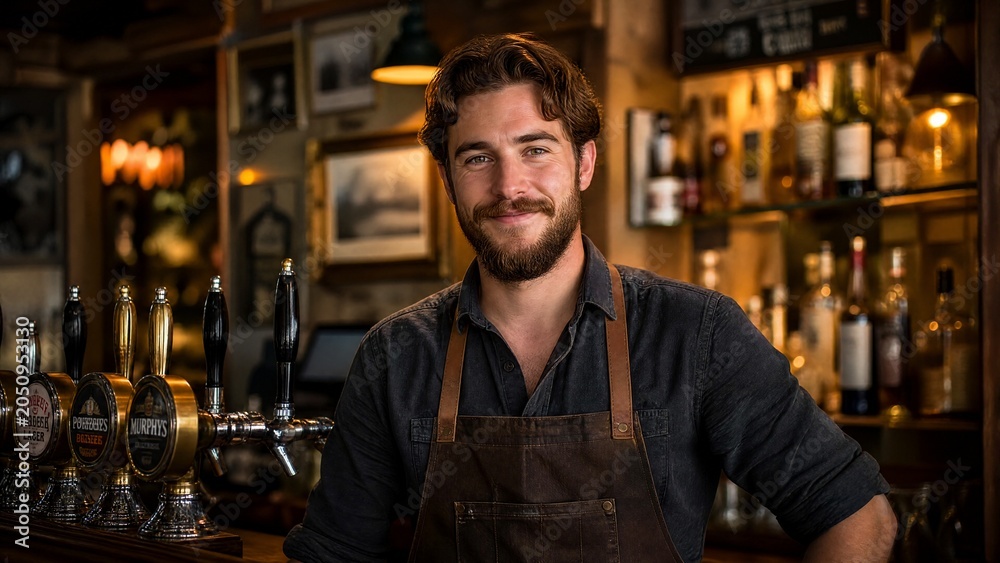 Fototapeta premium upper. Professional bartender in pub environment, upper body shot with beer tap background. bar promotions, beverage menus, designed for food & beverage menus and cafe branding.