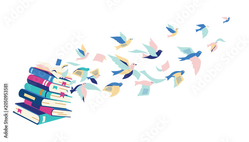 A stack of colorful, hardbound books rests on the left side, with a flock of small, stylized birds flying out from the pages to the right.