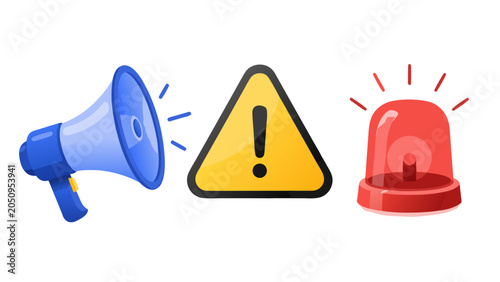 Megaphone, warning sign, and flashing siren icons representing alert and emergency communication