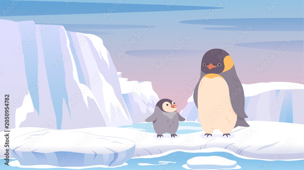 Obraz premium Arctic penguin family on ice floe with towering icebergs in polar ocean. Mother and baby penguins surrounded by glaciers in frozen Antarctic landscape.
