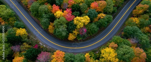 Panel kuchenny z motywem Aerial view of a winding highway surrounded by vibrant autumn trees and colorful fall foliage.