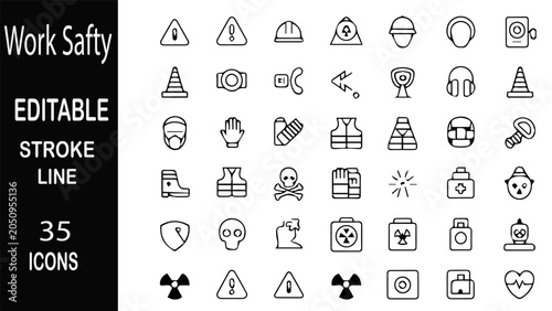 Work Safety Icon Set: A collection of 35 editable stroke line icons representing various aspects of work safety, including hazard symbols, protective gear, and warning signs.