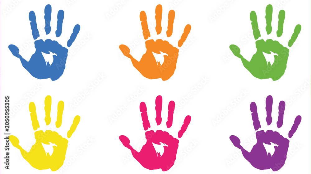 Fototapeta premium Colorful handprint with bird silhouette in the center on white background for creative art projects