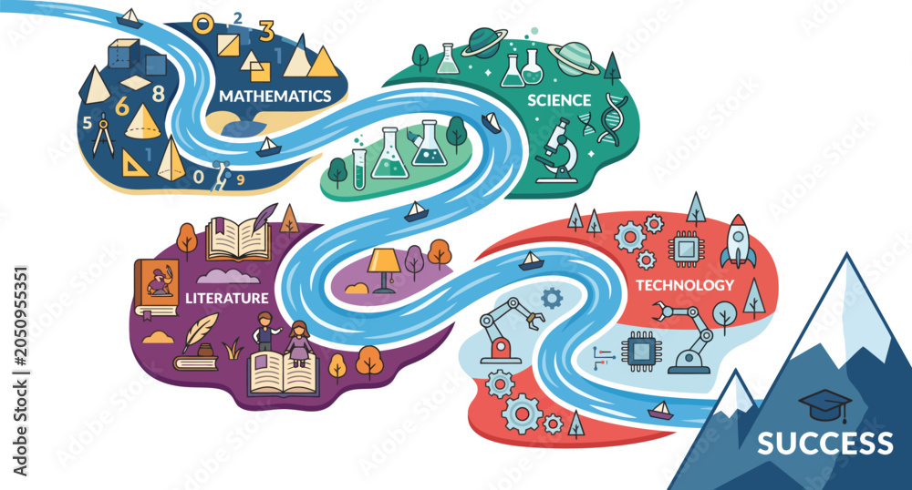 Fototapeta premium Visual representation of a student's success journey through education and personal growth depicted with colorful themed sections