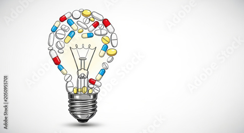 Healthcare policy reform innovation lightbulb formed from pills and capsule shapes conveying medical idea and system change with hopeful tone