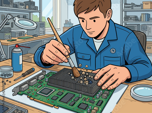 фотографія A technician meticulously cleans a computer motherboard with precision tools