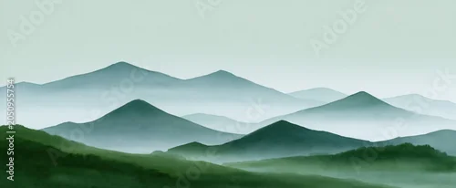 Panel kuchenny z motywem Whispering watercolor landscape of soft misty green mountains basking in gentle light 