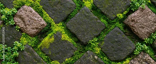 Panel kuchenny z motywem Close-up of weathered stone tiles with green moss and small plants forming a textured natural walkway.