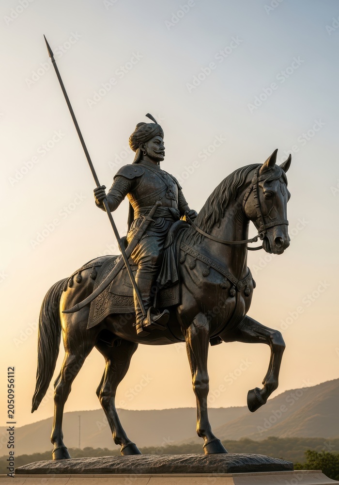 Fototapeta premium Majestic Bronze Equestrian Statue of Maharana Pratap on Chetak Against a Golden Sunset Sky in Rajasthan, India