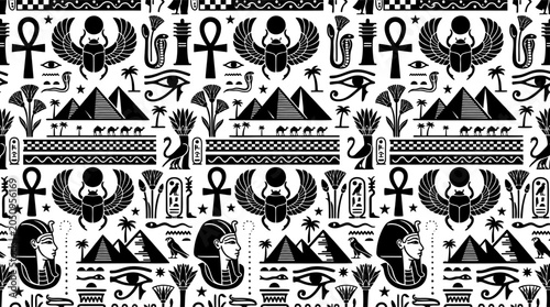 Konstfotografi Ancient Egyptian Seamless Pattern with Pharaohs and Pyramids