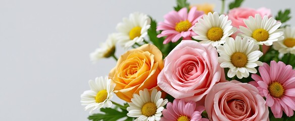 Delicate pastel watercolor roses and daisies arranged on a crisp white background for Mother's Day.