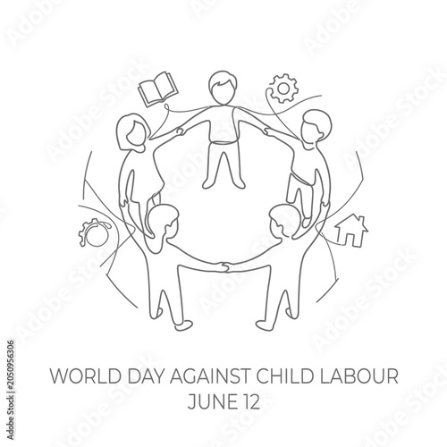 World day against child labour june 12 concept, thin line design, children holding hands.
