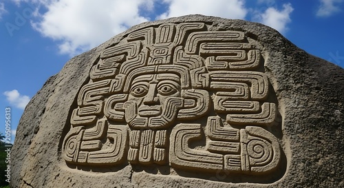Ancient Mayan stone carving with intricate hieroglyphs.